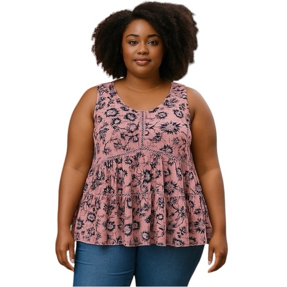 NWT Torrid 2 Pink Floral Ruffle Sleeveless Blouse Tank Side Tie Casual Layering - Picture 1 of 12